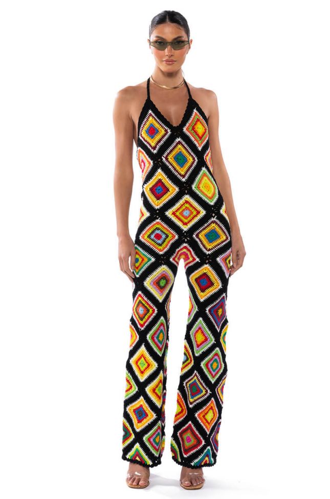 Front View The Way You Groove Crochet Halter Jumpsuit