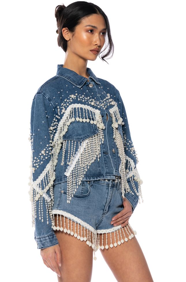 Side View The World Is Your Oyster Pearl Trim Denim Jacket