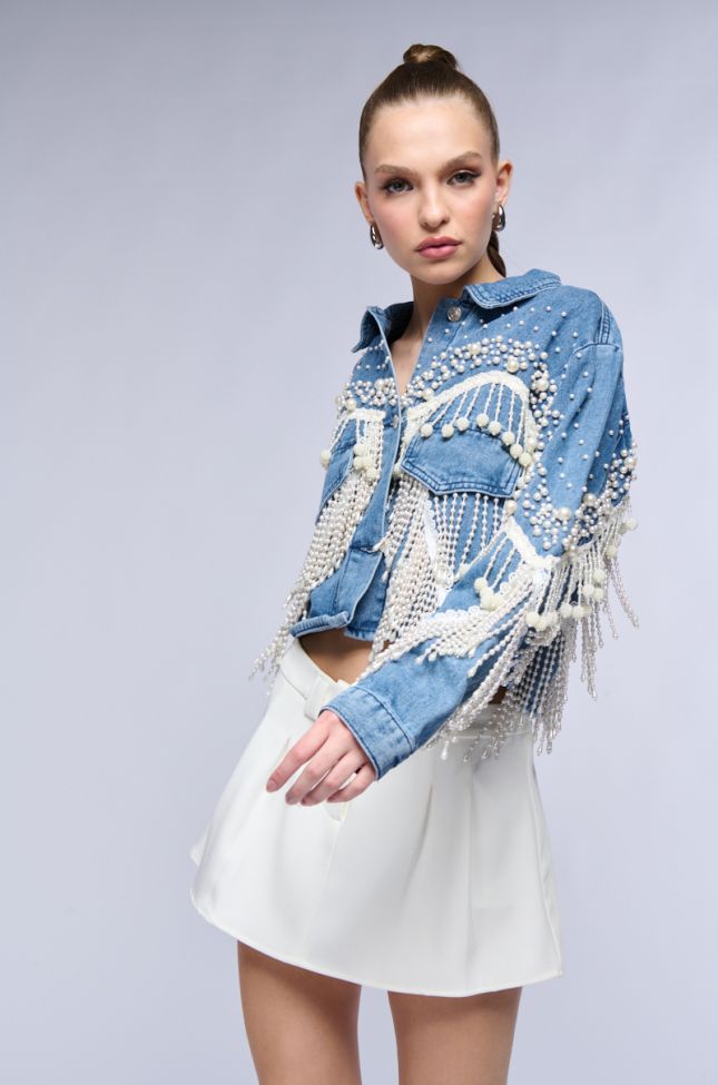 Side View The World Is Your Oyster Pearl Trim Denim Jacket