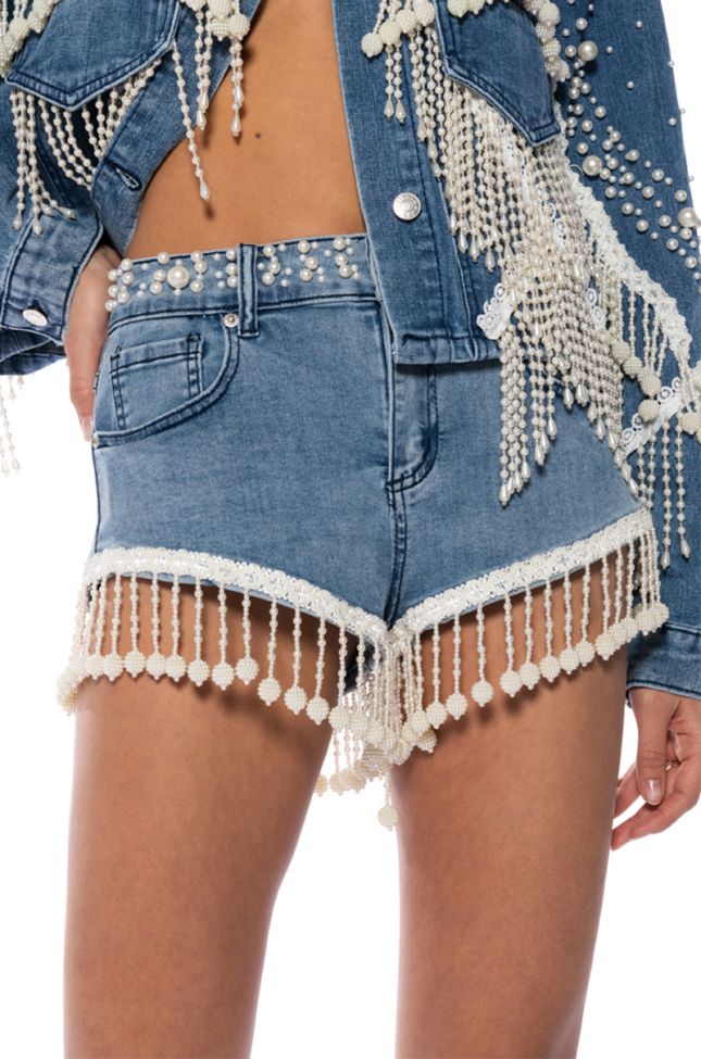 Back View The World Is Your Oyster Pearl Trim Denim Shorts