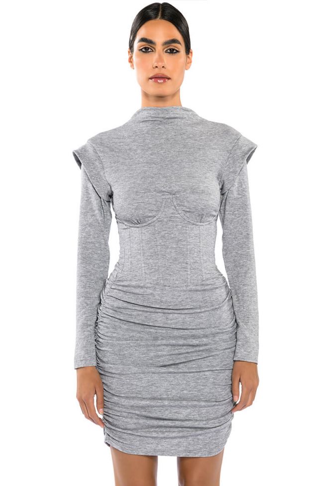 Front View Thea Corseted Knit Long Sleeve Mini Dress
