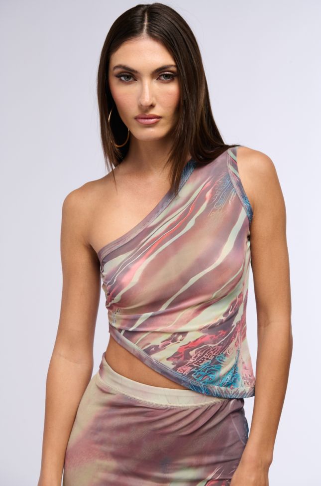 Front View Thea Printed Mesh One Shoulder Top