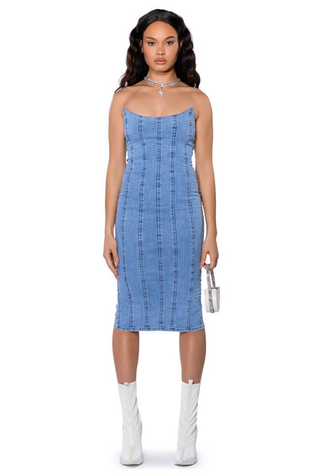 Front View Those Who Get It Strapless Denim Midi Dress