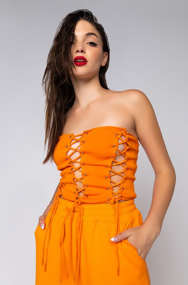 Front View Time Flies Lace Up Bustier in Orange
