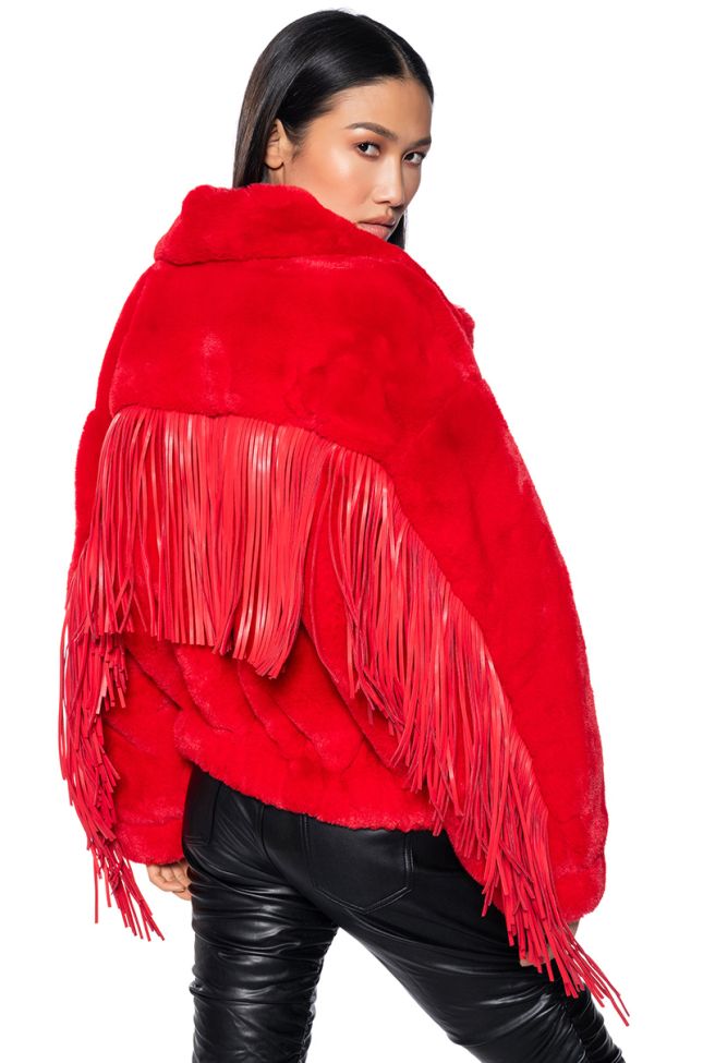 Back View Time To Shine Fringe Faux Fur Coat In Red