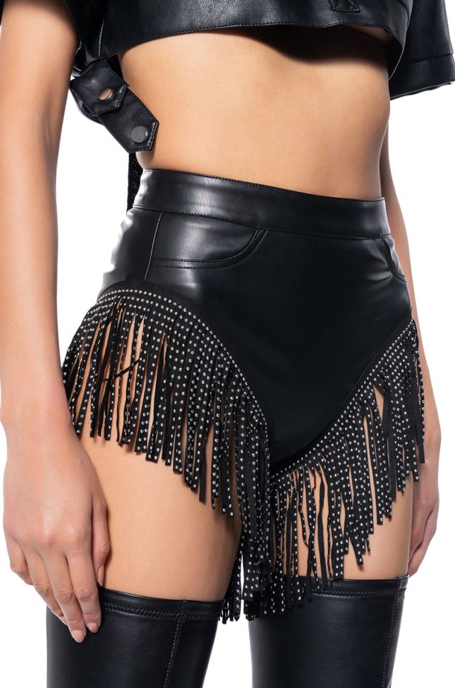 Side View Tinashe Faux Leather Fringe Shorts