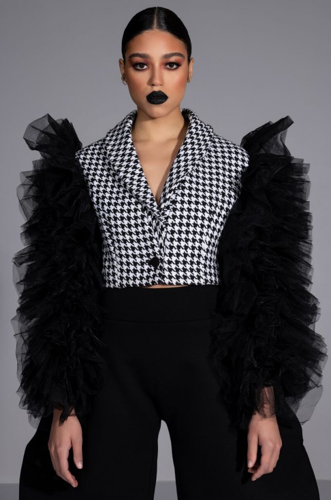 Front View Tis The Season Houndstooth Crop Blazer With Tulle Arms