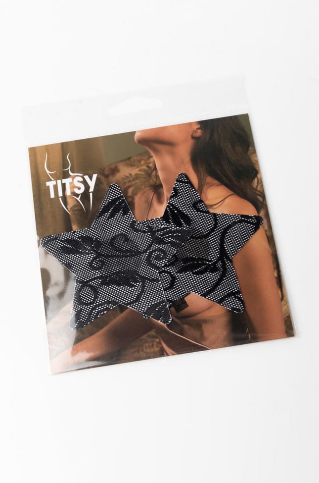 Front View Titsy Lace Star Nip Sticker in Black