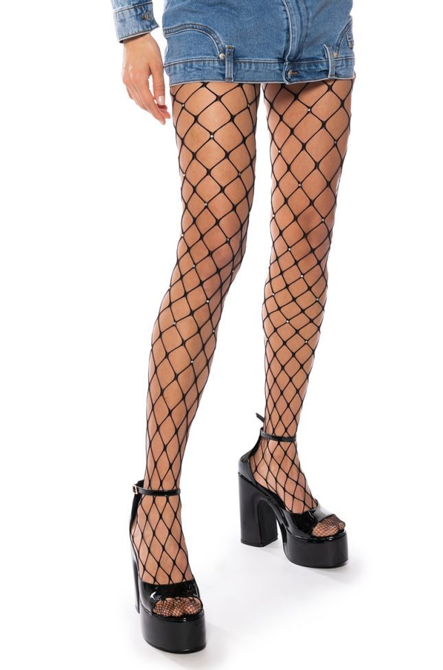 Front View Titsy Rhinestone Wide Fish Net Tights