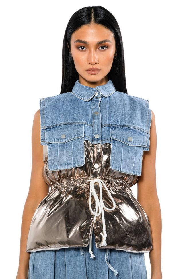 Front View To The Moon Metallic Puffer Vest With Denim