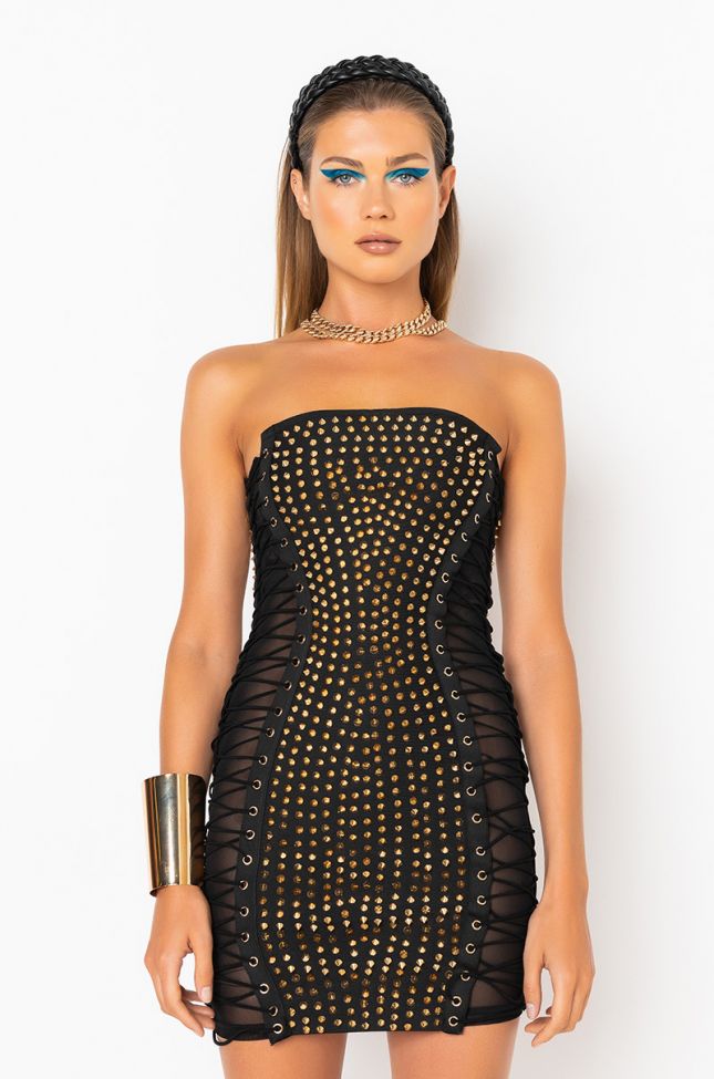 Front View To The Point Bandage Studded Mini Dress in Black Multi.
Seen on the 2022 Halftime performance