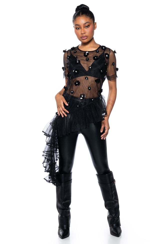 Front View Too Glam Embellished Asymmetrical Tulle Top