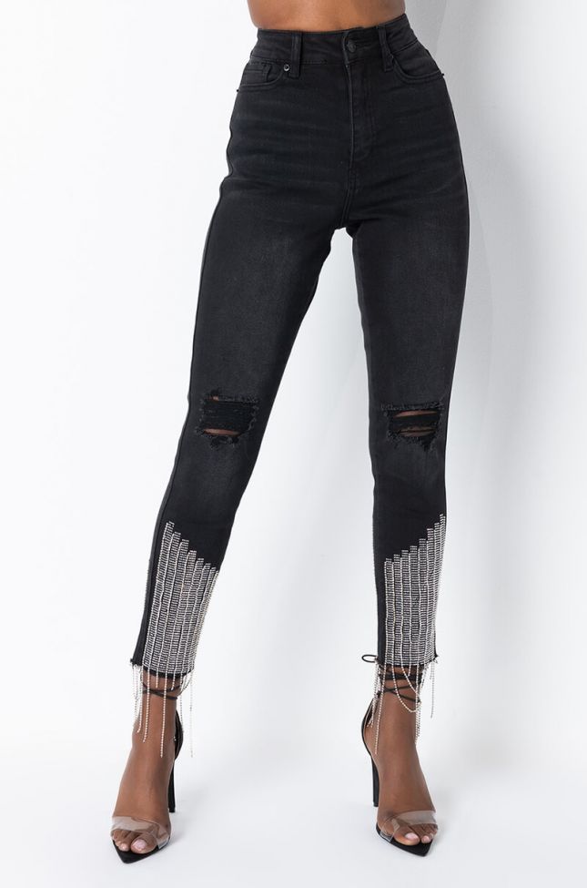 Front View Too Good High Waisted Rhinestone Fringe Skinny Jeans in Black