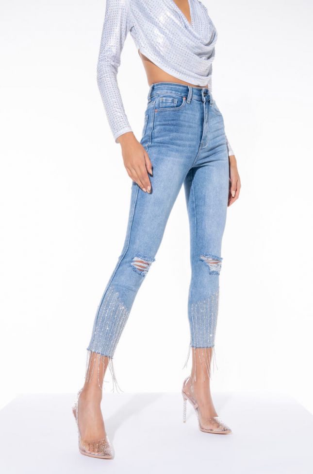Front View Too Good High Waisted Rhinestone Fringe Skinny Jeans