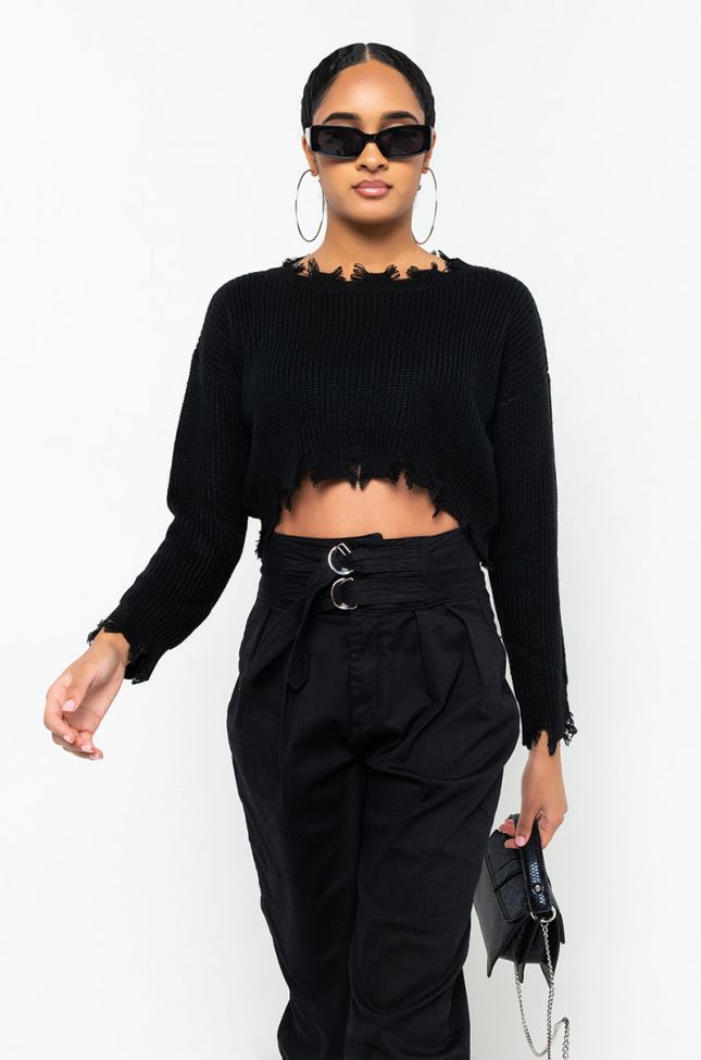 Front View Top It All Long Sleeve Cropped Sweater in Black