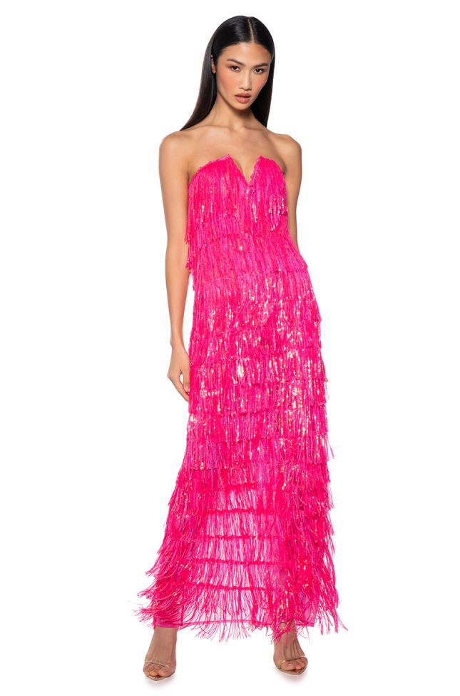 Front View Top Of The World Strapless Sequin Fringe Maxi Dress In Fuchsia