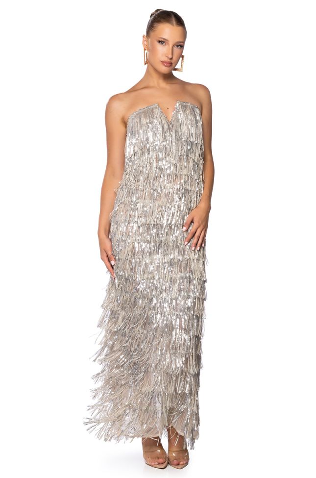 Extra View Top Of The World Strapless Sequin Fringe Maxi Dress