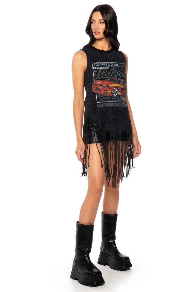 Side View Top Speed Sleeveless Fringe Graphic Tee