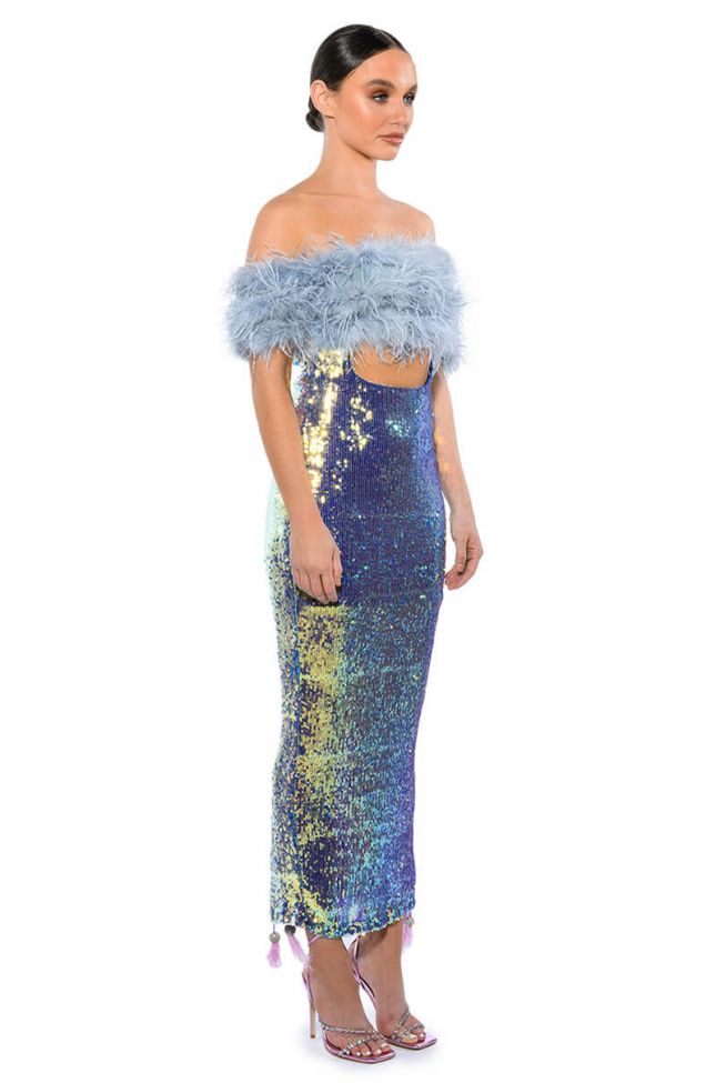 TOP TIER FEATHER DETAIL SEQUIN MAXI DRESS