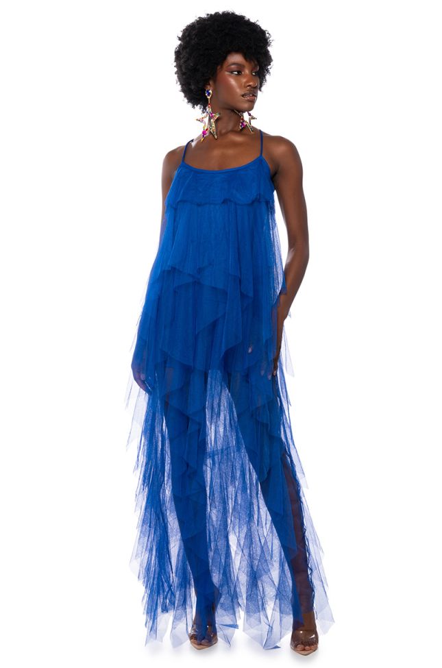 Front View Top Tier Ruffle Maxi Dress In Royal Blue