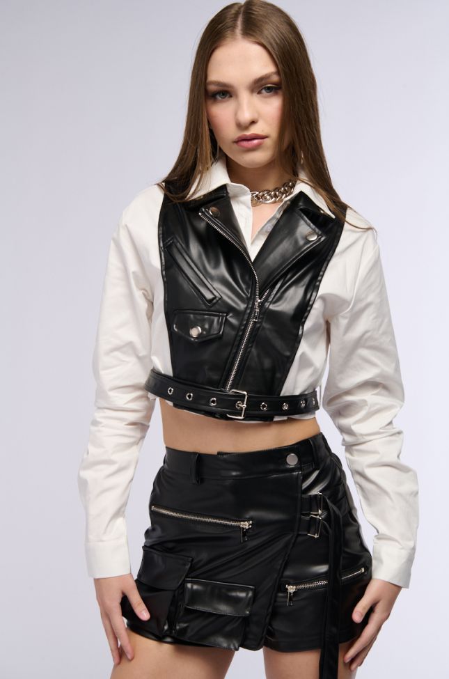 Front View Touch Me Faux Leather Vest Overlay Blouse