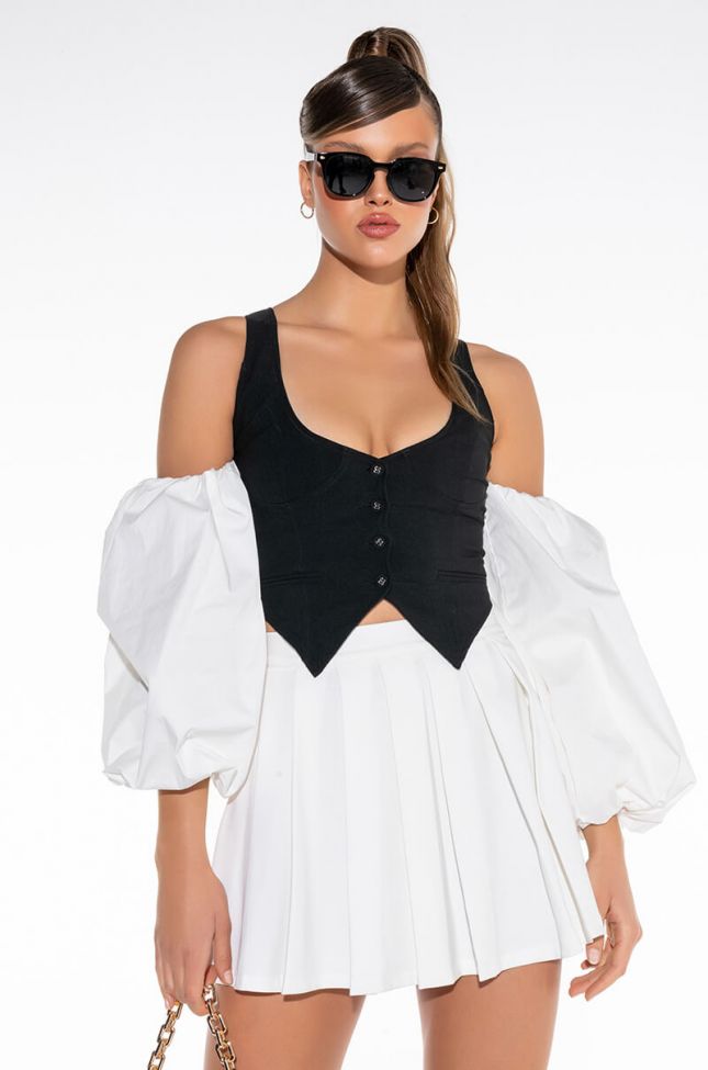 Front View Tricky Puff Sleeve Tuxedo Blouse