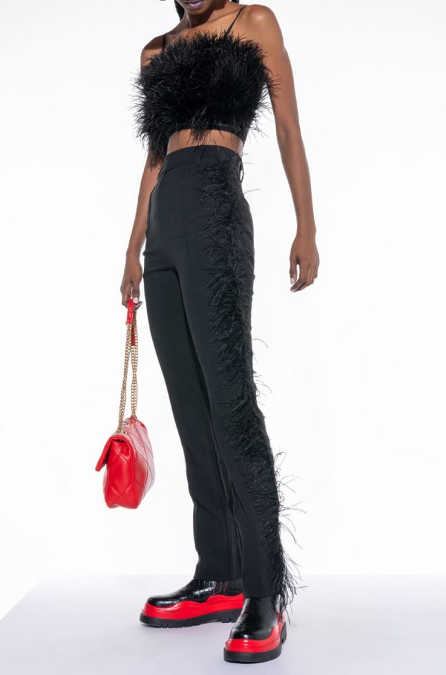 Front View Trip To London High Waisted Feather Trim Trousers