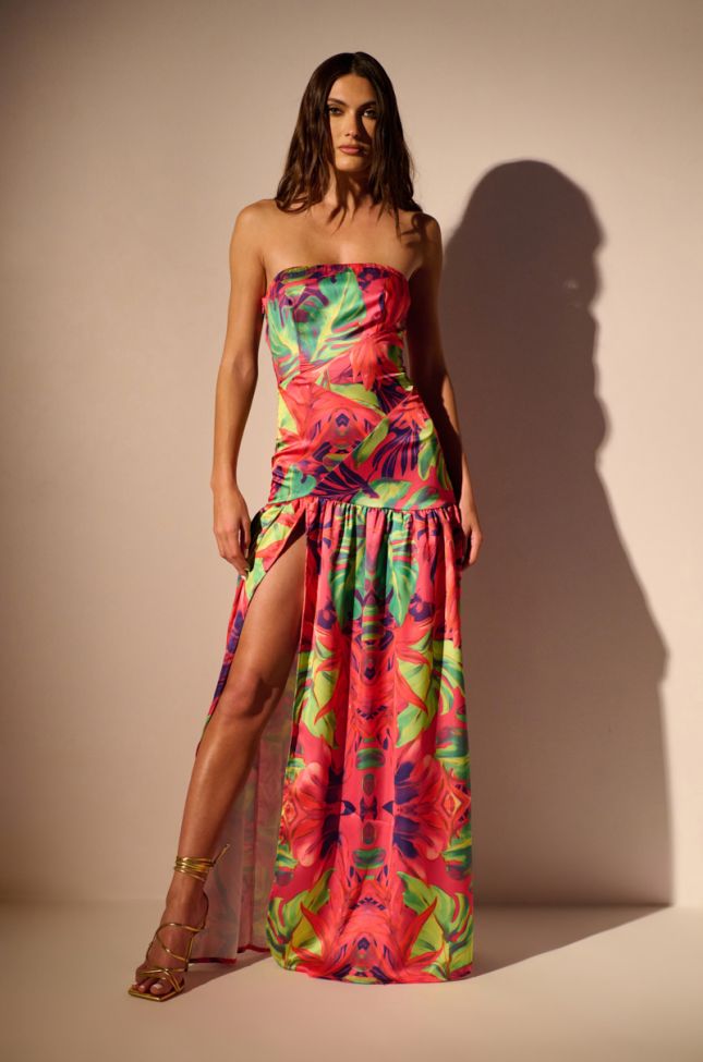 Front View Tropical Getaway Satin Printed Maxi Dress