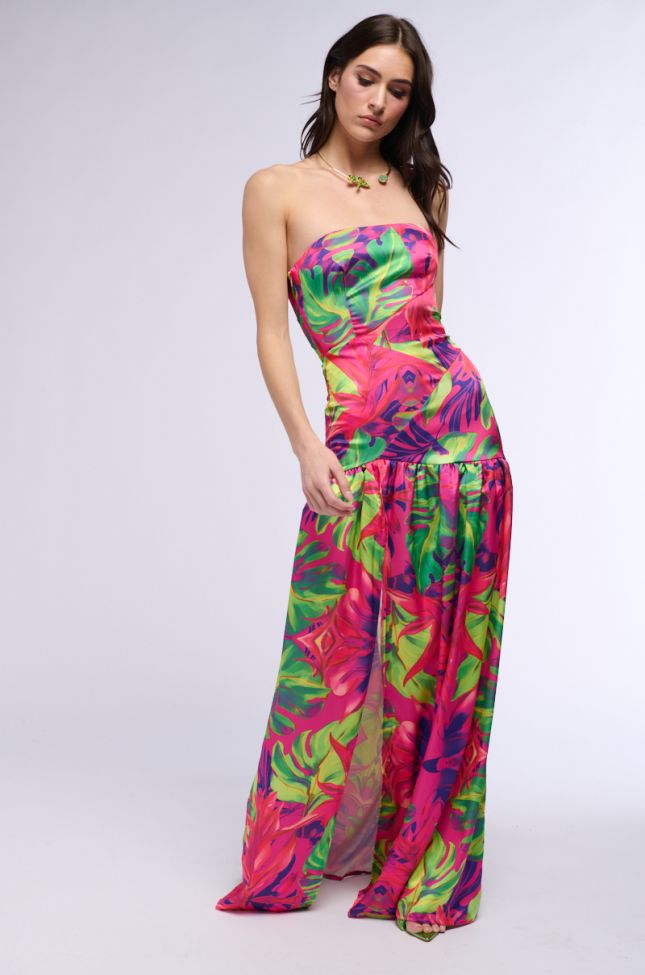 Side View Tropical Getaway Satin Printed Maxi Dress