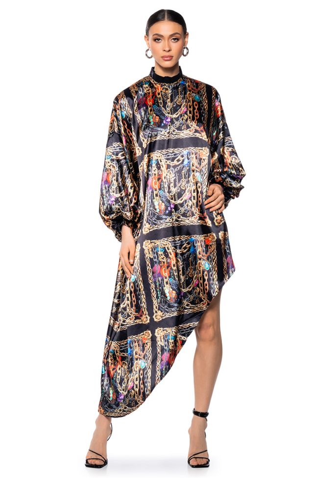 Front View Tropical Vacay Printed Satin Maxi Dress In Black Multi