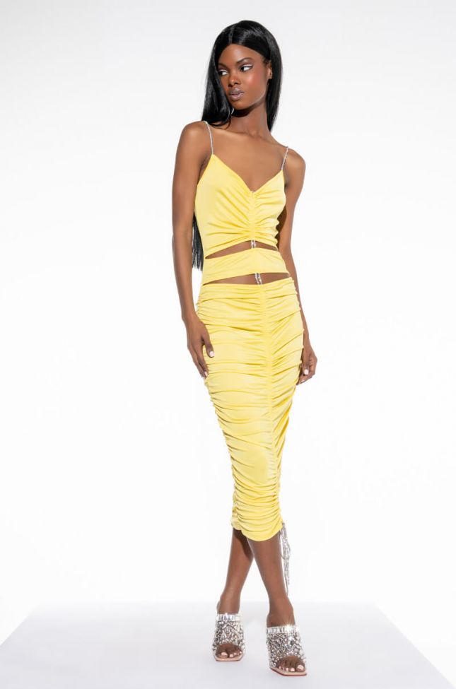 Front View Try Me Adjustable Length Midi Ruched Dress