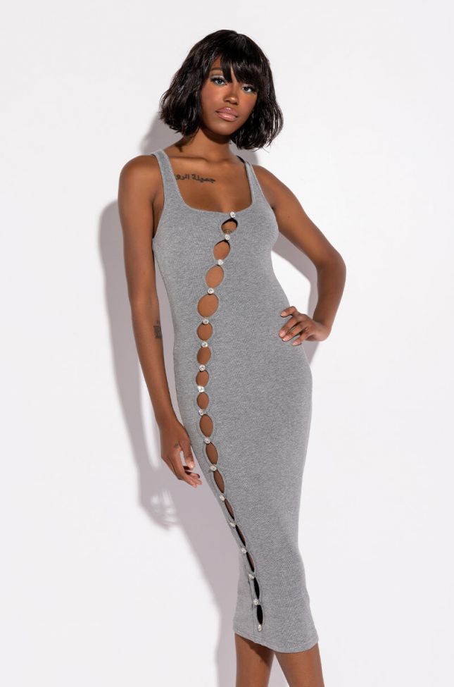 Front View Tulum Cut Out Rhinestone Ribbed Midi Dress