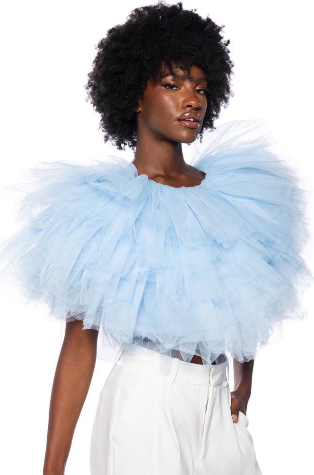 Front View Turning Heads Textured Tulle Top In Blue