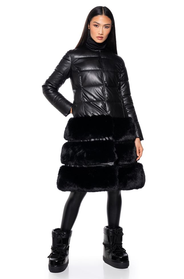 Front View Twirl Hybrid Faux Leather Puffer Trench With Faux Fur Hem
