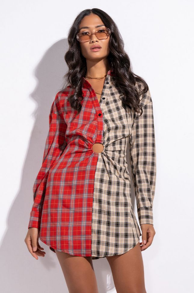 Front View Two Faced Plaid Ring Detail Mini Dress
