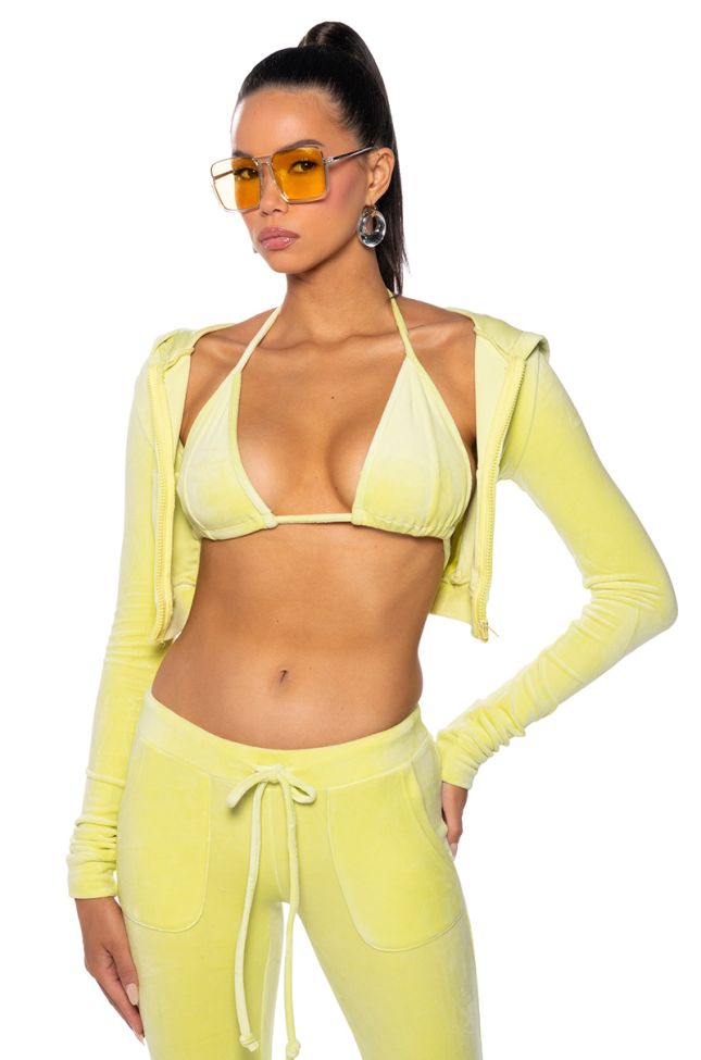 Front View Typical Attitude Bralette And Zip Up Hoodie Set In Lime