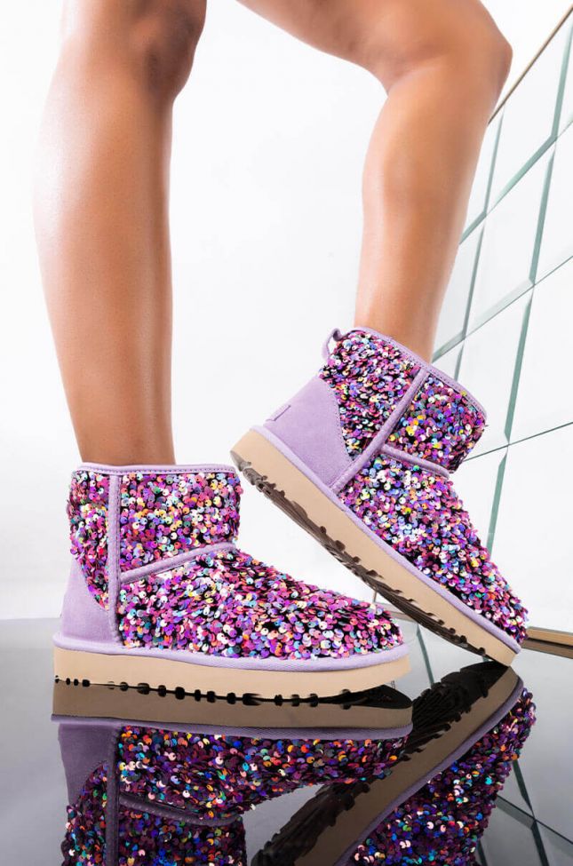 Front View Ugg Classic Mini Stellar Sequin Bootie in Lilac Frost