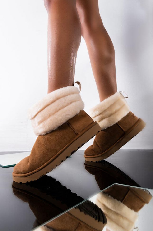 Front View Ugg Womens Fluff Mini Quilted Bootie in Chestnut