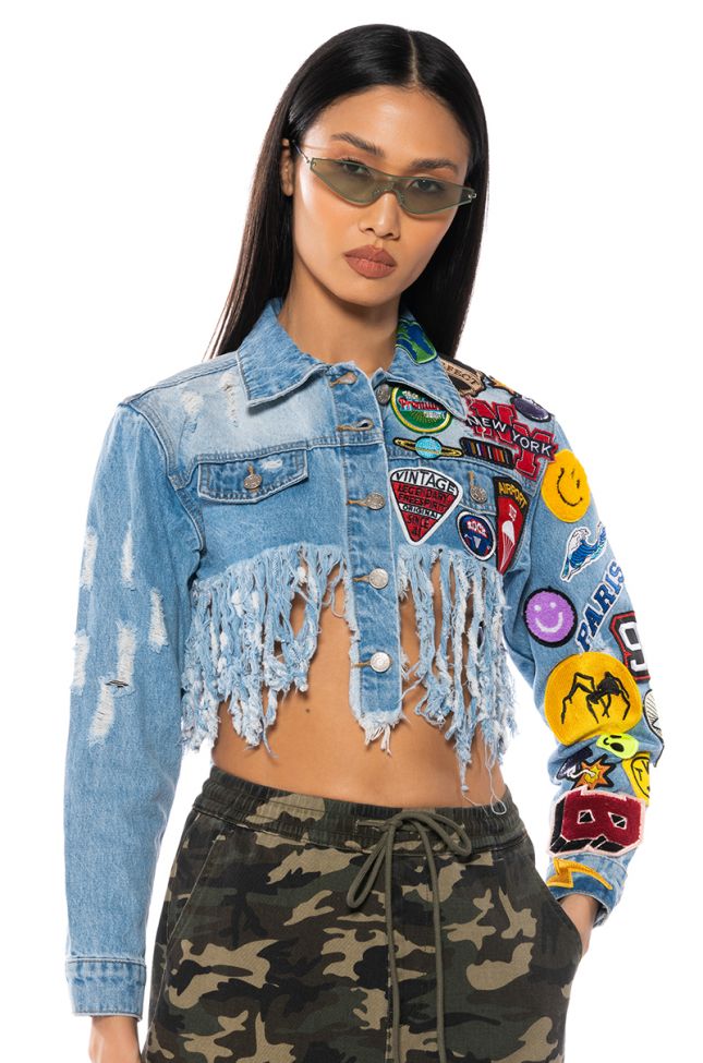 Front View Ultra Crop Denim Jacket With Patches