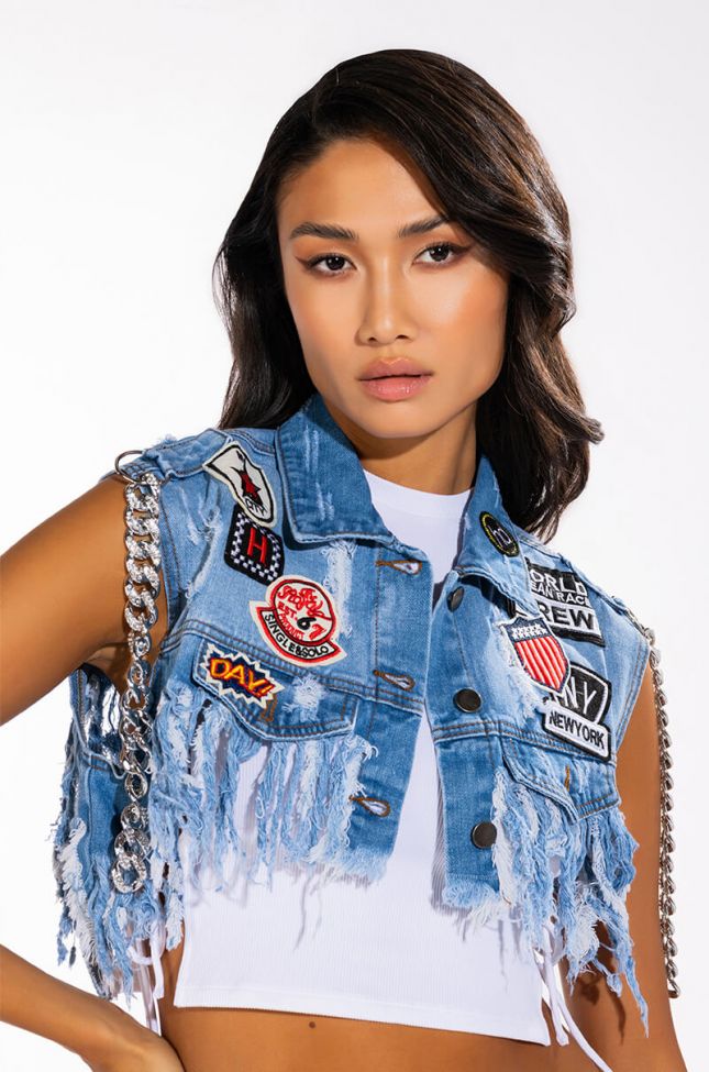 Front View Ultra Crop Denim Vest With Chains And Patches