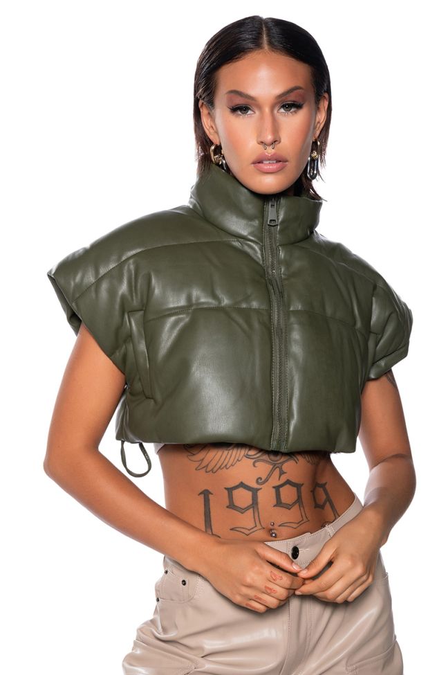 Front View Ultra Crop Pu Vest With Pull Strings In Olive