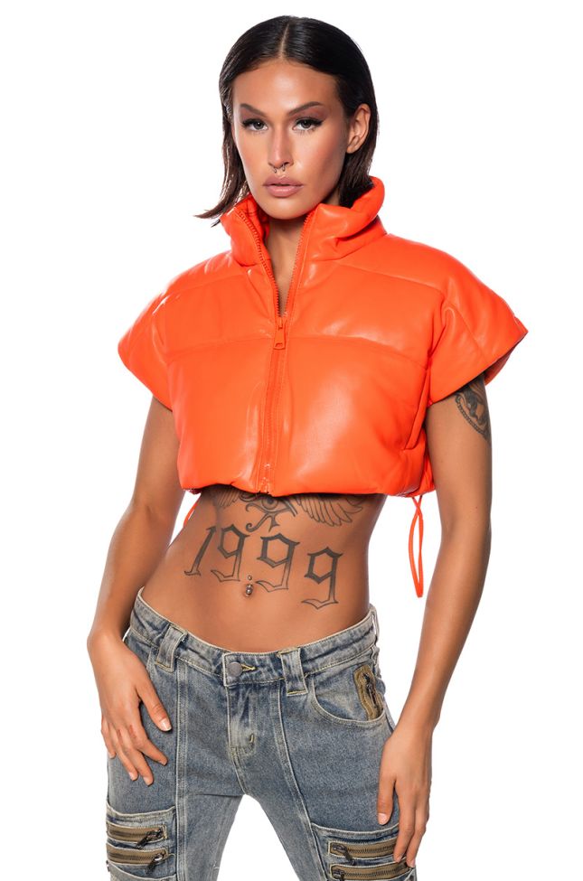 Front View Ultra Crop Pu Vest With Pull Strings In Orange