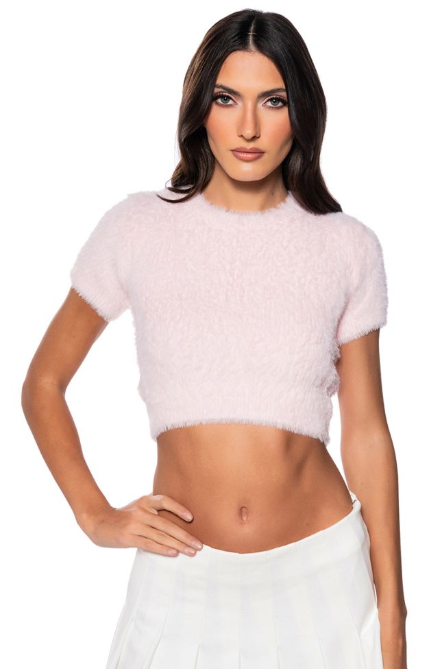 Front View Ultra Fuzzy Crop Sweater In Light Pink