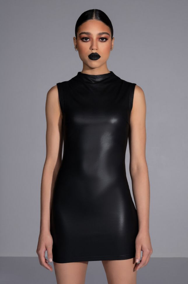Front View Ultra Lux Faux Leather Mock Neck Mini Dress