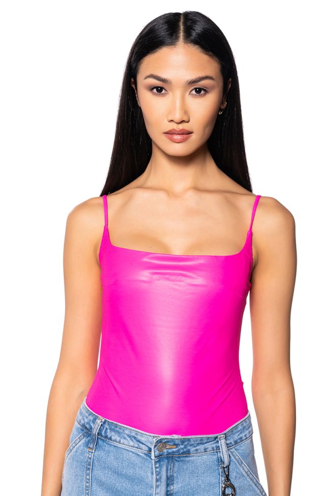 Front View Ultra Stretch Faux Leather Square Neck Bodysuit