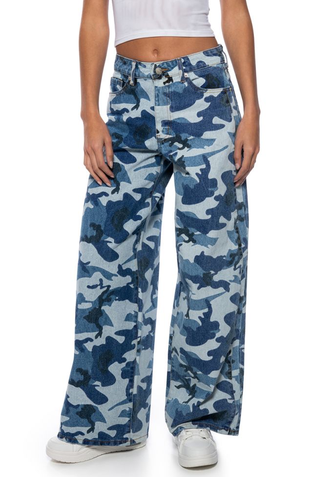 Front View Ultra Wide Leg Denim Jeans In Camo