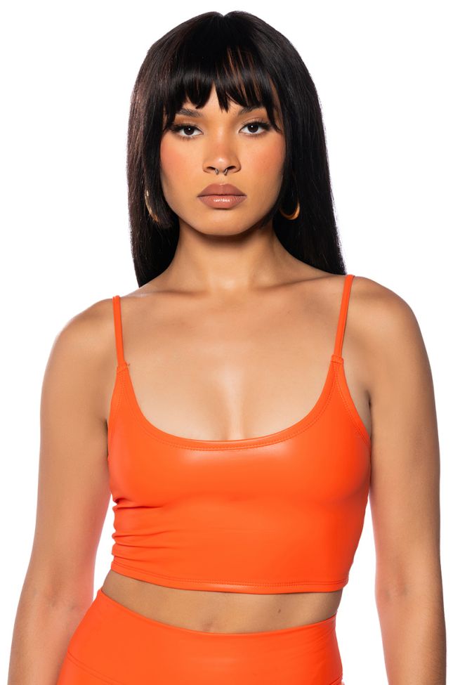 Front View Undeniable Fit Faux Leather Bralette In Orange