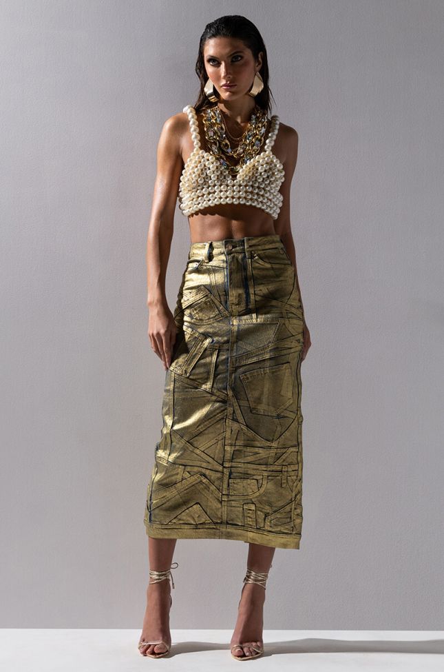 Extra View Unforgettable Metallic Patchwork Denim Midi Skirt In Gold
