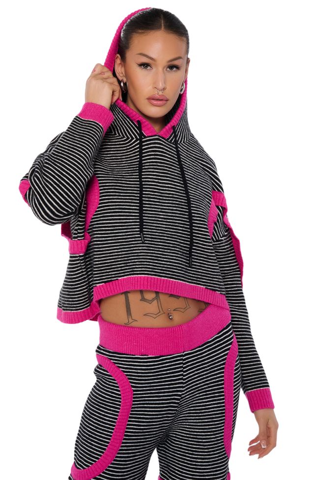 Front View Untouchable Striped Knit Hooded Sweatshirt