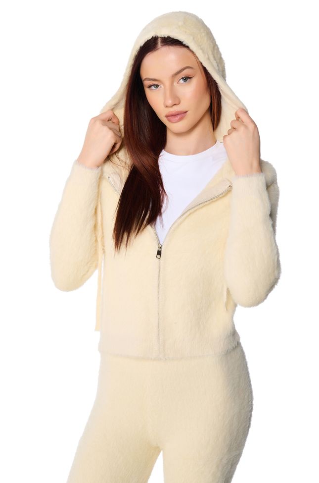 Front View Unwind Fuzzy Zip Up Hooded Sweater